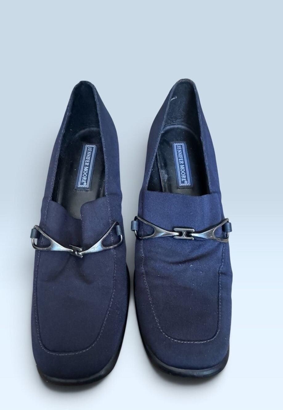 Jennifer Moore Blue Square Toe Loafer Mules Silver Bar Block Heel Size 8